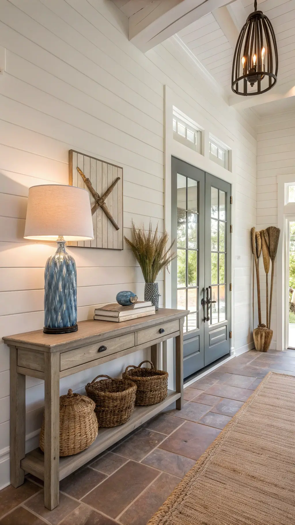Bright, welcoming 8x10ft entry with white shiplap walls, coral stone flooring, a driftwood gray console table with blue glass lamp, and vintage oars mounted on the wall.