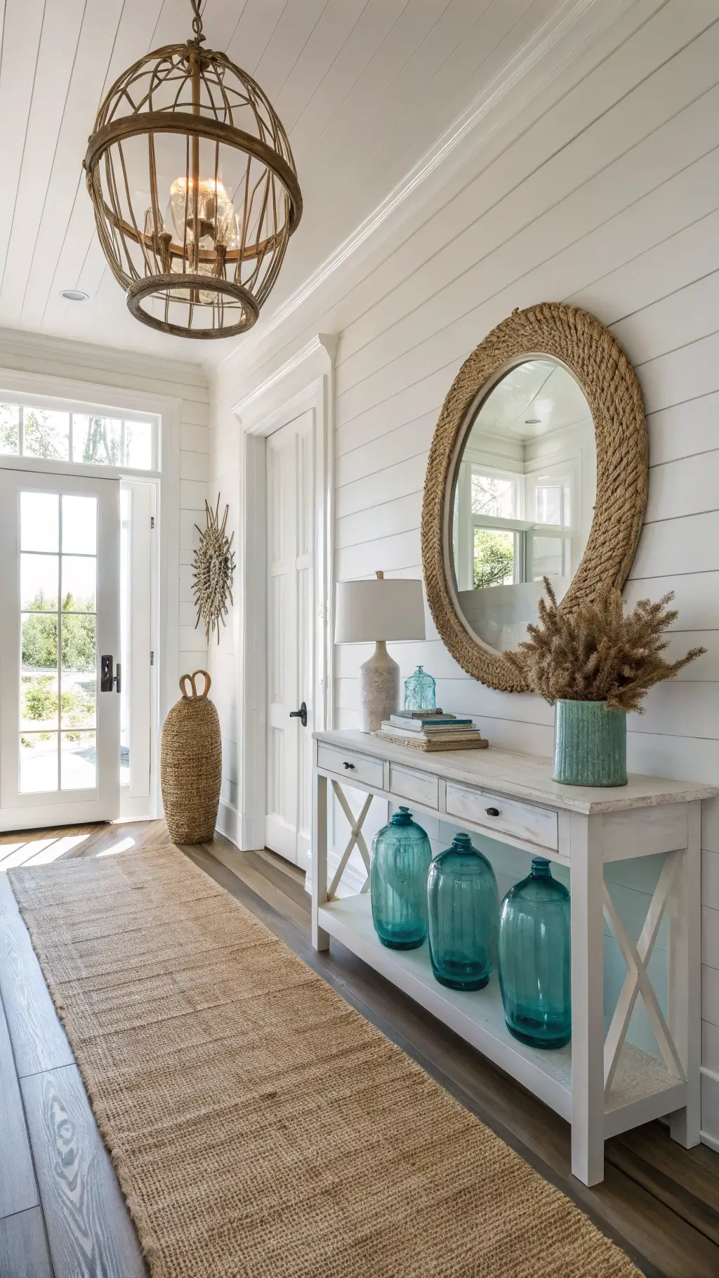 Image of a spacious 12x14ft Beach House foyer with 10ft ceilings, midday light pouring through a capiz shell chandelier, and a warm white shiplap wall. Features include a natural sisal runner, a whitewashed console table decorated with blue-green glass vessels and a driftwood sculpture, and an oversized circular mirror with rope detail.