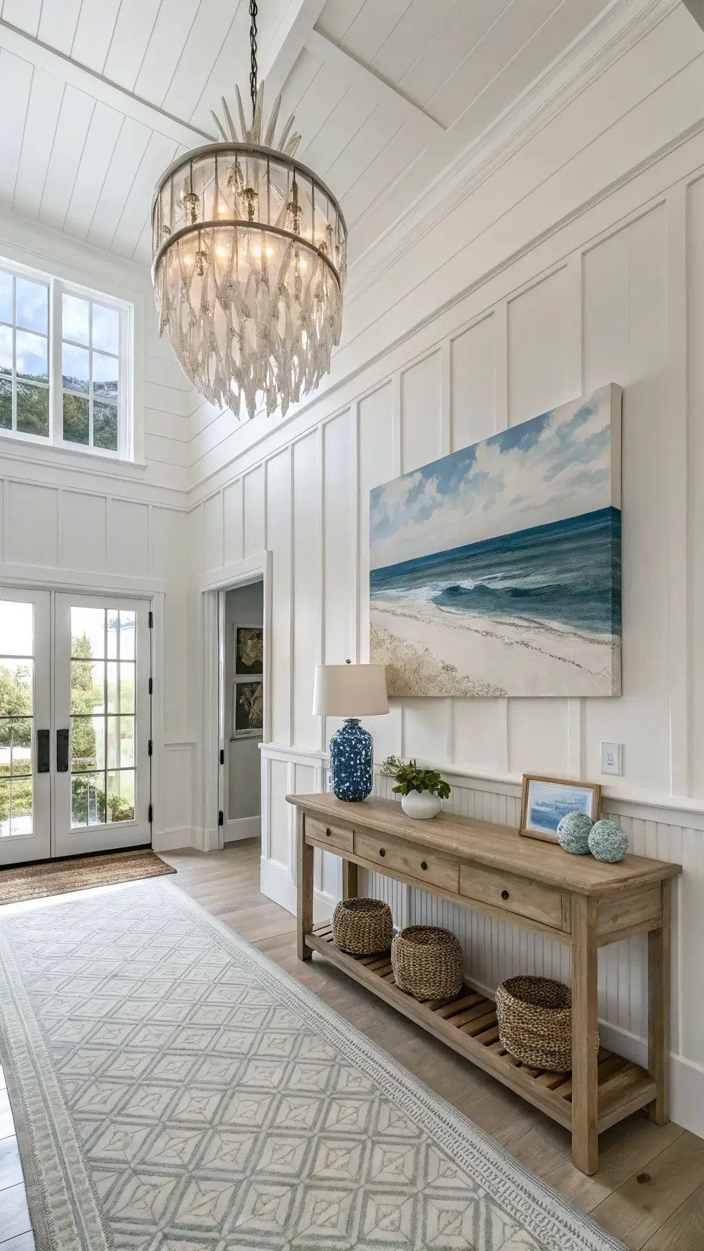 Bright, spacious coastal entryway with white board and batten walls, capiz shell chandelier, bleached oak console table with blue glass lamp, oversized seascape artwork, and natural fiber rug with geometric pattern.