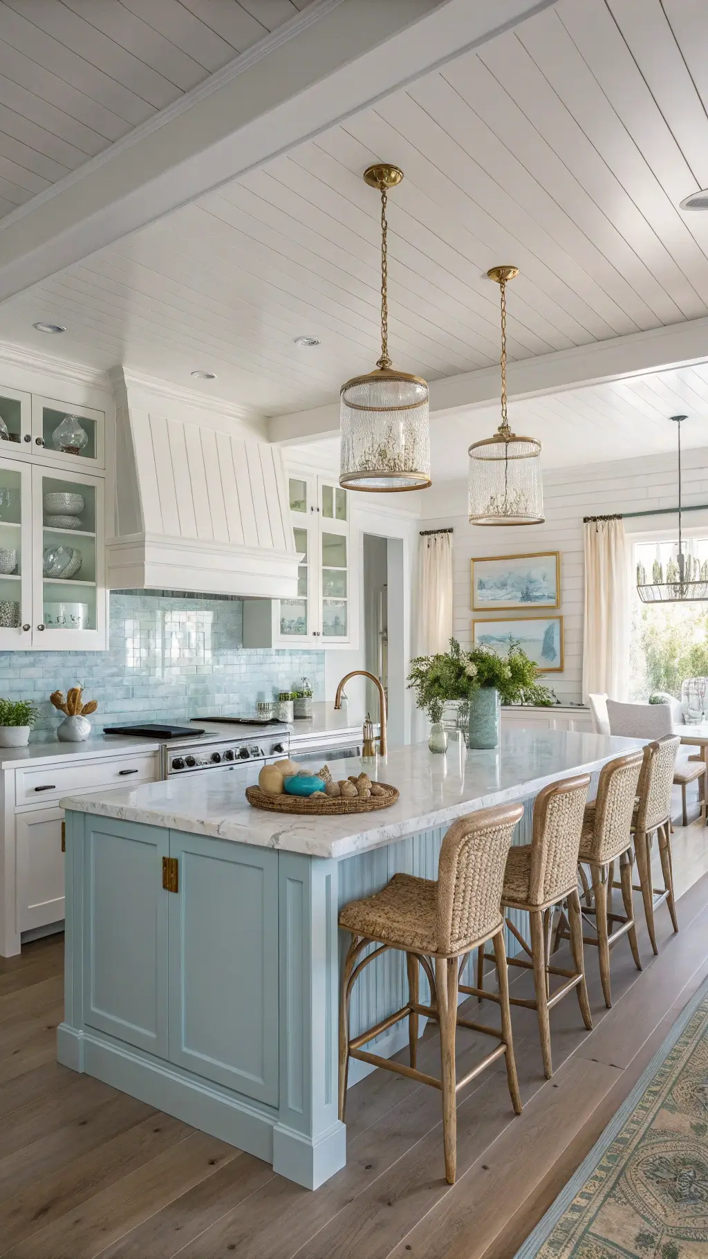 Bright and airy coastal kitchen with marble island, shiplap ceiling, white cabinets with brass hardware, blue subway tile backsplash, rattan stools, and vintage oar wall art.