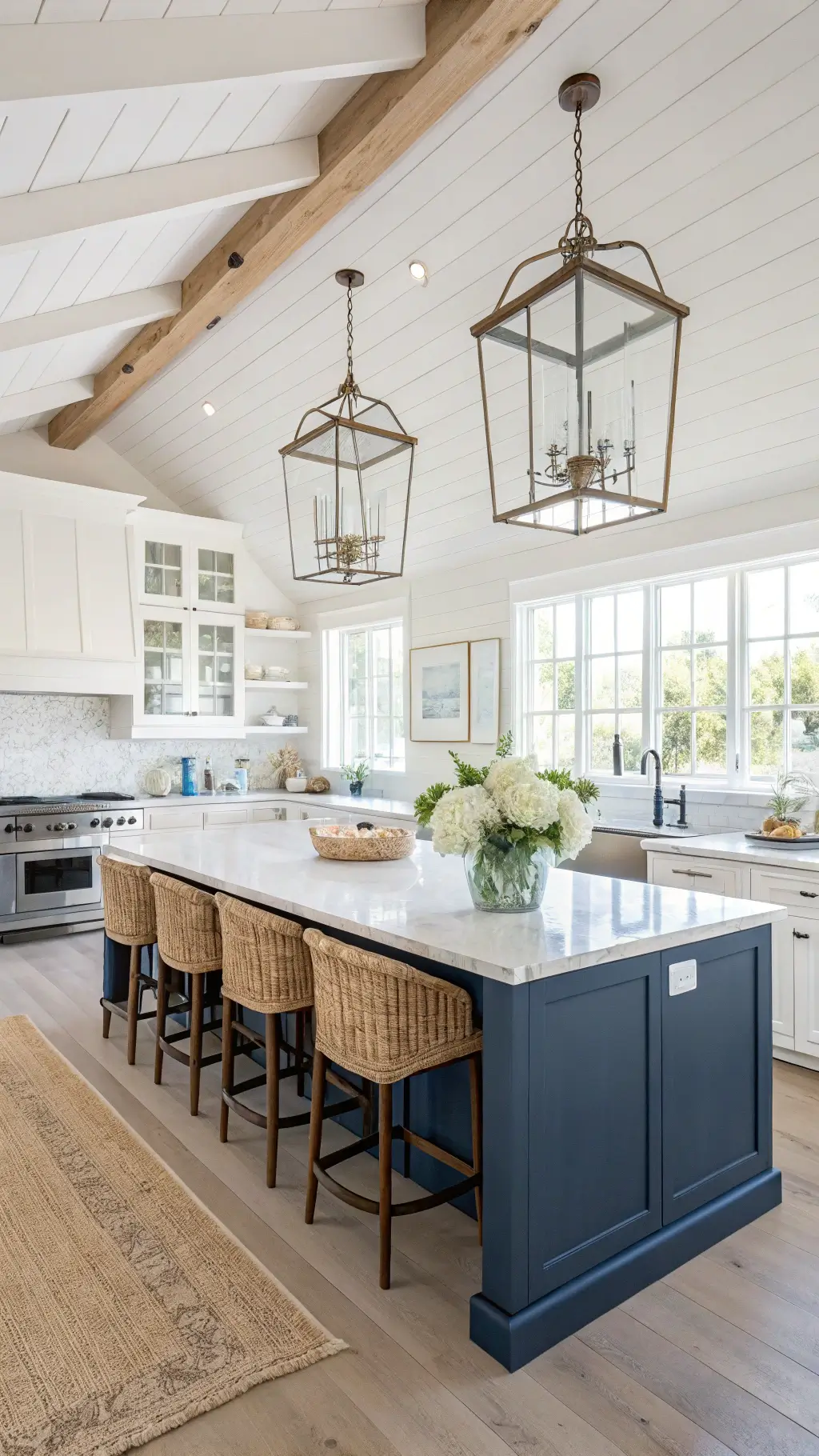 Elegant open-concept kitchen with beamed ceiling, white shaker cabinets, sandy beige counters, navy island with rattan barstools, and glass pendant lights, styled with white pottery, glass vessels, and hydrangeas in a white pitcher, bathed in morning light for a clean, coastal atmosphere.