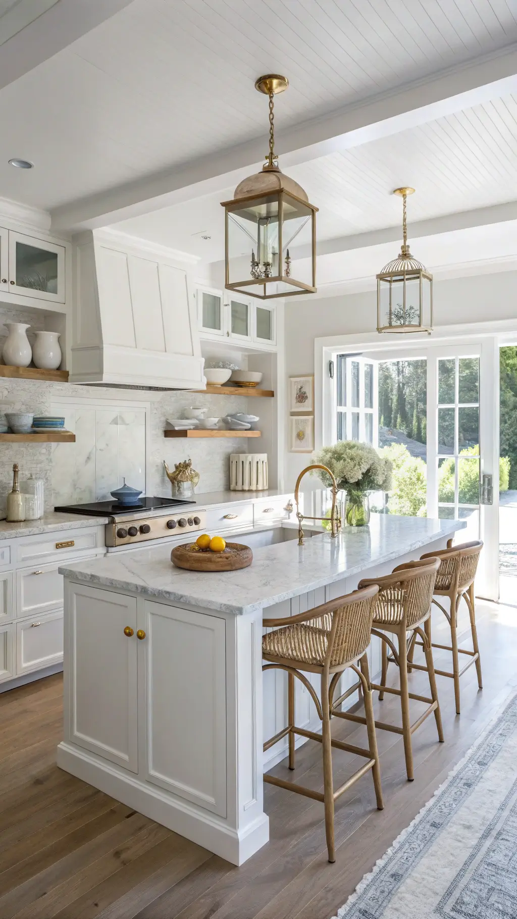 Bright and spacious open-concept kitchen with white shaker cabinets, brass hardware, gray marble counters, maple butcher block island surrounded by rattan stools, open shelving with white pottery and sea glass, aged brass pendant lights, and French doors opening to a patio.