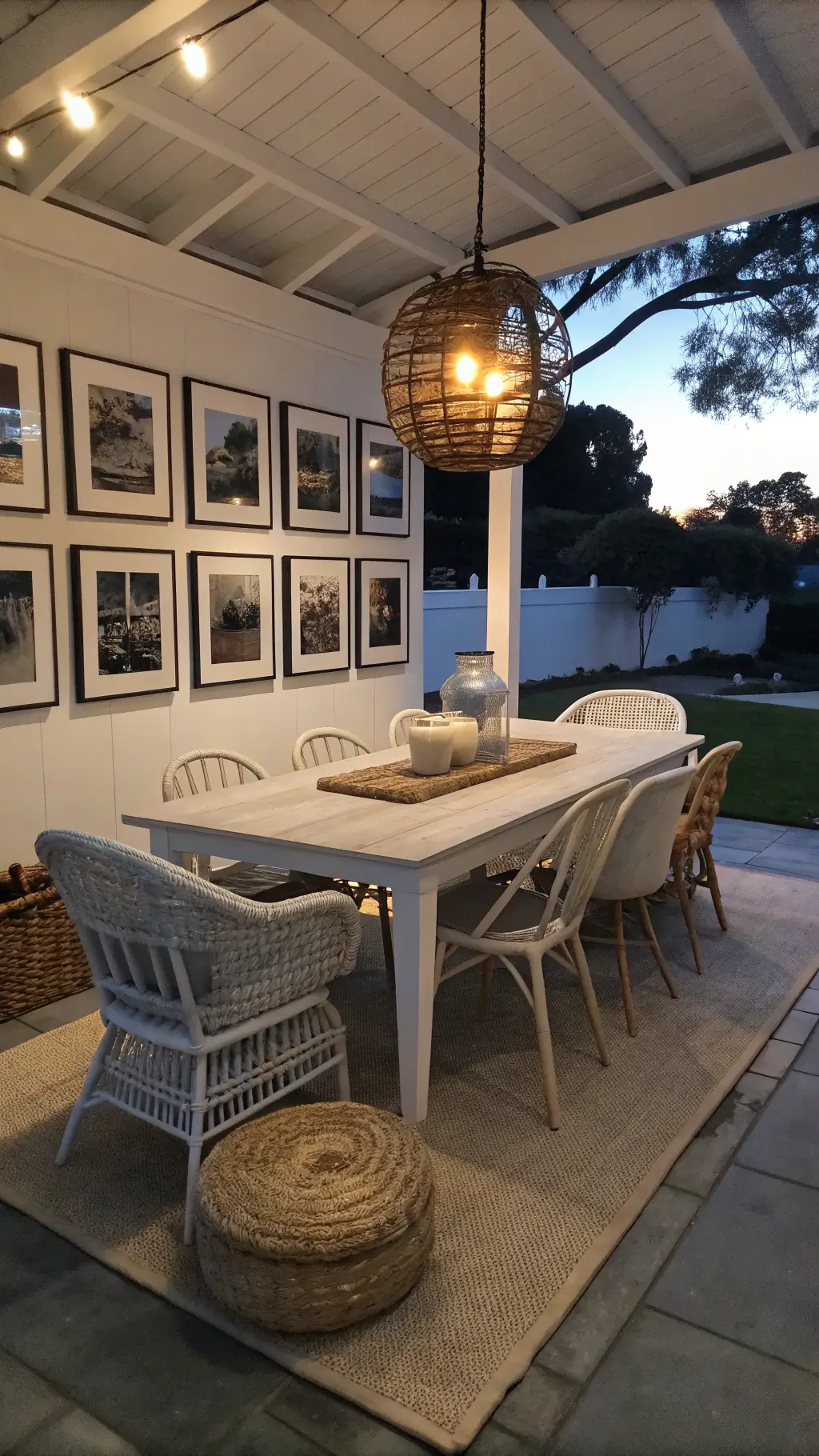 Twilight atmosphere in a casual dining room with a whitewashed table, gray Windsor chairs, rattan end chairs, glass lantern pendant, gallery wall with beach photographs, basket with table linens, concrete floors with a jute rug and moody lighting.