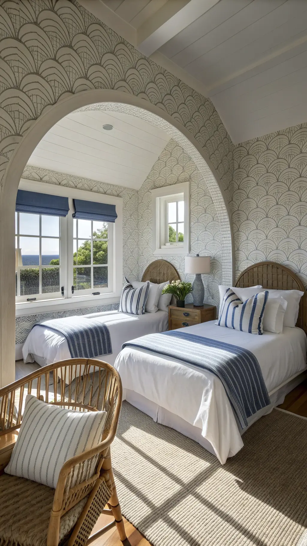 Sunlit guest room showcasing geometric shadows on seagrass wallpaper, two twin beds with white linens and blue pillows, a rattan chair in a reading nook with a handwoven throw, all captured through a wide-angle lens to highlight architectural archway.