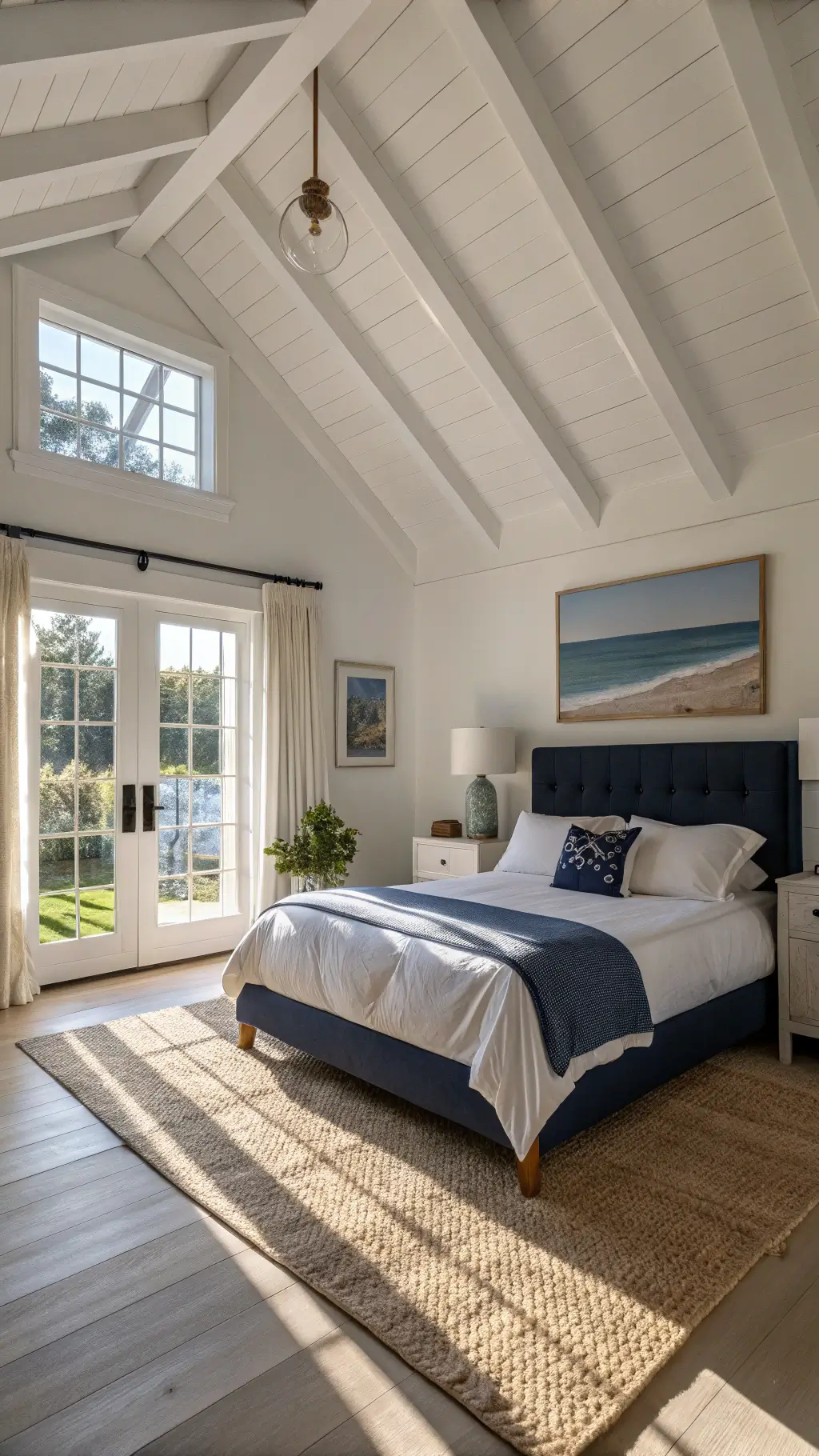 Bright, sunlit master bedroom with navy bed, seascape wall art, white ceiling beams, jute rug on sisal carpet and view of garden reflected in mirror.