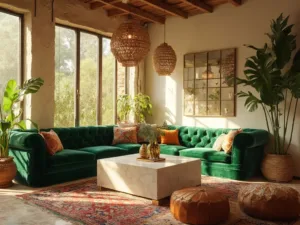 "Sunny bohemian living room with green velvet sofa, vintage Moroccan poufs, Persian rugs, natural pendant lights, and global fusion decor"