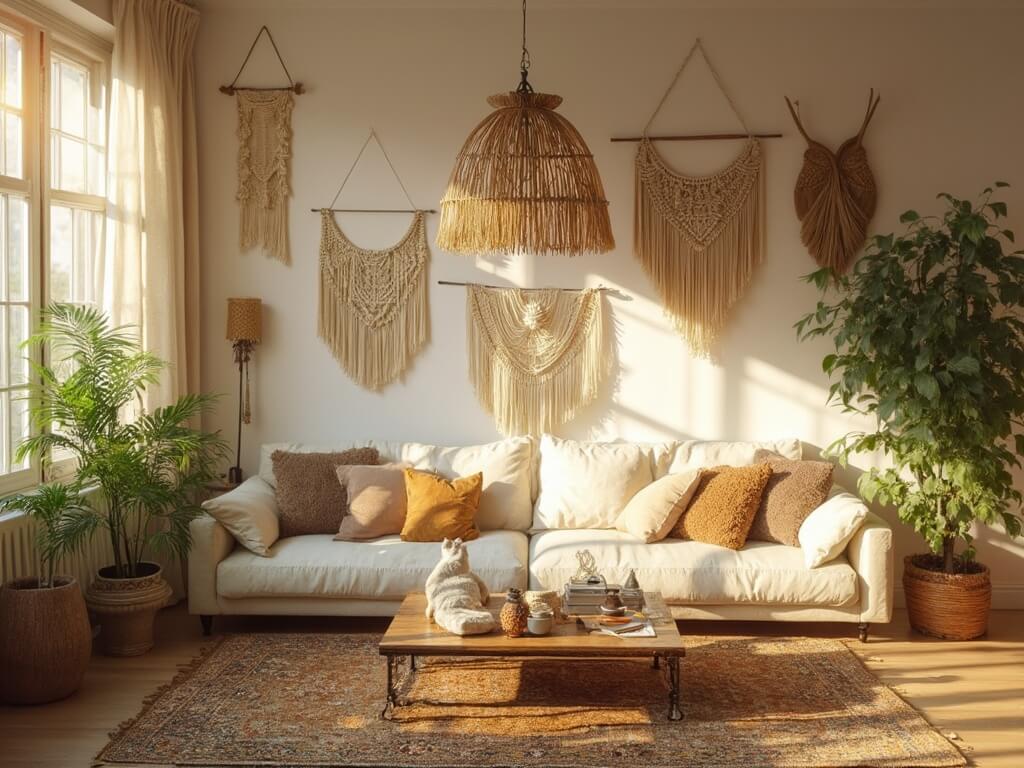 "Boho-inspired, sunlit living room with cream sofa, vintage rugs, rattan light fixture, macramé wall hangings, and lush indoor plants."