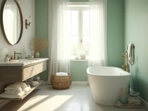 "Luxurious coastal bathroom with freestanding tub, weathered oak vanity, rattan-wrapped mirror, and blue-gray tiled floor, styled with Turkish cotton towels and coastal accents at golden hour"