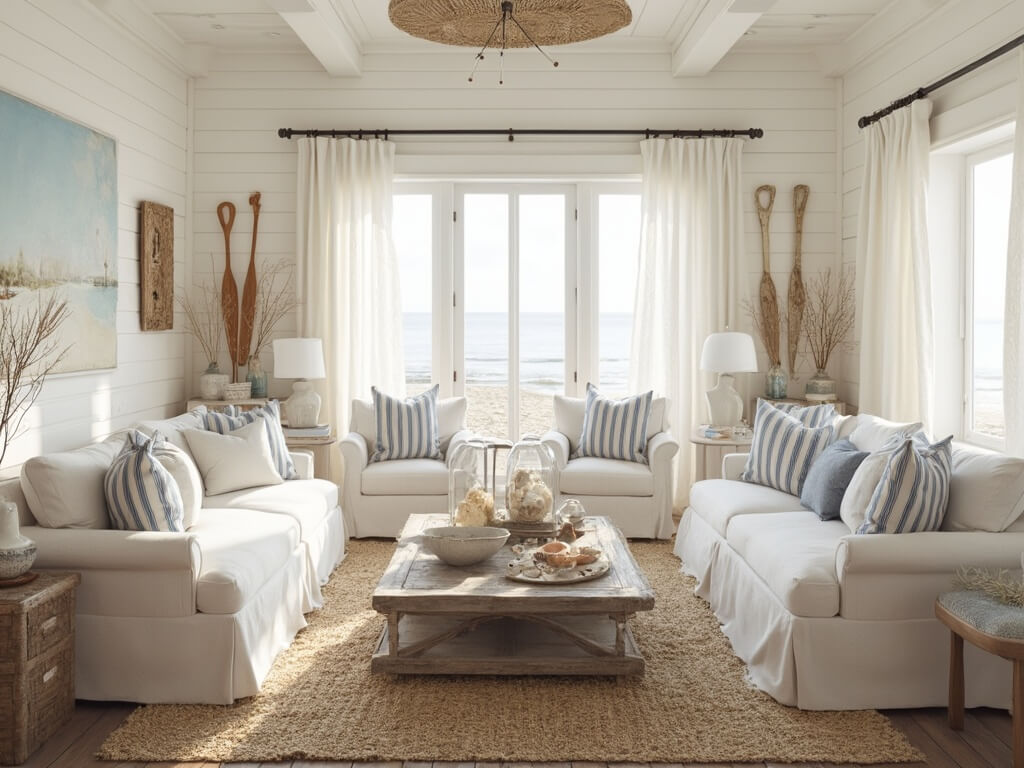"Sunlit coastal living room interior of a beach house with white linen sofa, rattan chairs, and vintage coastal décor"