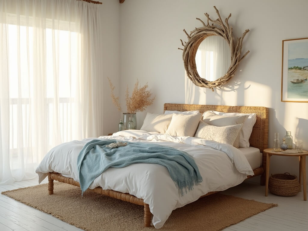"Sunlit coastal bedroom with rattan bed, textured ocean blue and neutral pillows, whitewashed oak floors, driftwood mirror, vintage side tables, jute rug, and minimal coastal artwork"
