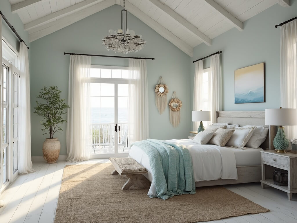 "Coastal bedroom with soft morning light, blue-gray walls, vaulted ceiling, king-sized bed, driftwood furniture, floor-to-ceiling windows, and coastal decor."