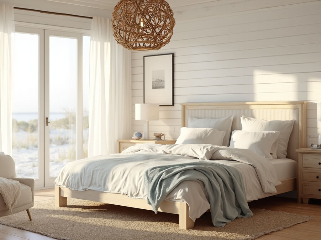 "Serene coastal bedroom with white oak bed, layered bedding, jute rug, rattan pendant light, and weathered oak nightstands"