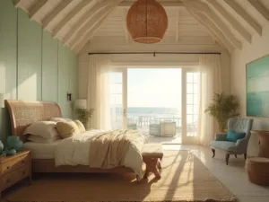 "Luxurious coastal master bedroom with vaulted ceilings and natural decor at sunset, viewed through floor-to-ceiling windows"