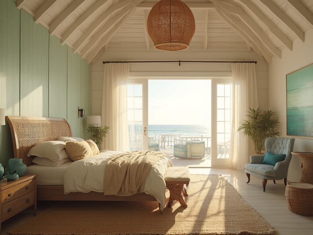 "Luxurious coastal master bedroom with vaulted ceilings and natural decor at sunset, viewed through floor-to-ceiling windows"