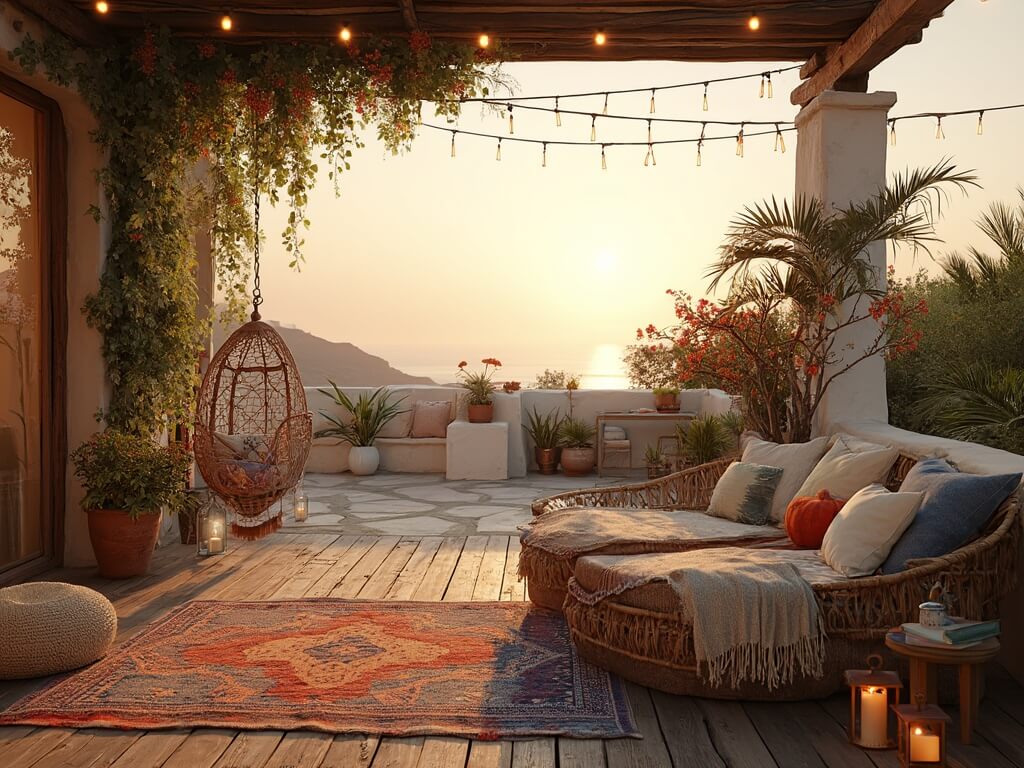 Coastal Bohemian Outdoor Styling: Create Your Perfect Beachy Boho Retreat 2 "Luxurious bohemian terrace at sunset with vintage decor and ocean view"