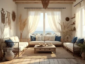 "Coastal living room with rattan sofa, layered rugs, macramé wall hangings, large windows with white curtains, ceramic vases, and blue accent pillows during golden hour"
