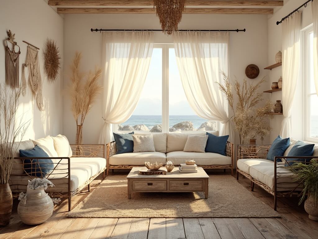 "Coastal living room with rattan sofa, layered rugs, macramé wall hangings, large windows with white curtains, ceramic vases, and blue accent pillows during golden hour"