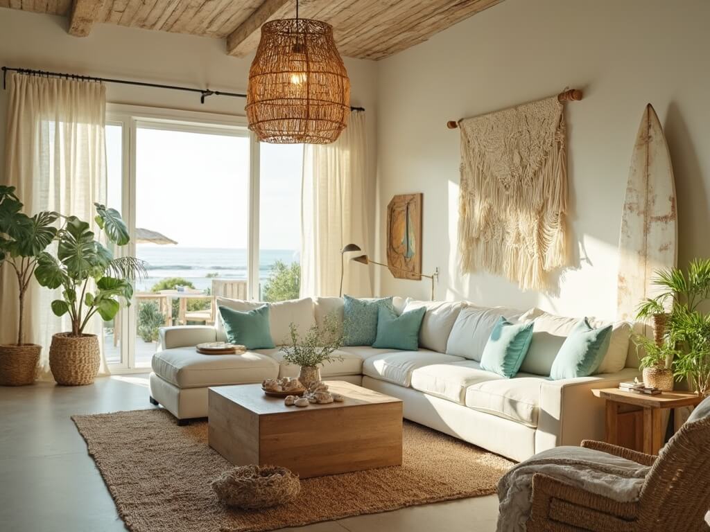 "Coastal bohemian living room with sunlit organic textures, white linen sofa, azure blue and seafoam green pillows, teak coffee table with seashells, oversized rattan lights, macramé wall hangings, and monstera plants in woven baskets"
