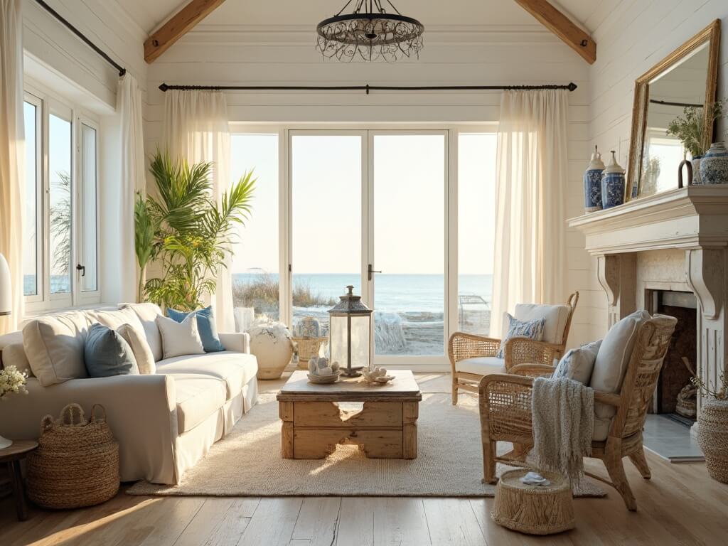 "Sunlit coastal living room with high ceilings, floor-to-ceiling windows, linen sofa, rattan chairs, driftwood coffee table with coastal accessories, blue and white accents, white walls with oversized mirror and seagrass baskets, all surrounded by warm golden light."
