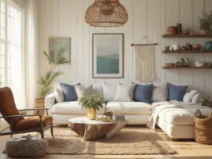 "Cozy coastal-themed living room bathed in golden hour light, featuring white shiplap walls, hardwood floors, white linen sofa with indigo pillows, cognac leather armchair, driftwood coffee table, natural fiber rugs, cowboy boot succulent planters, and vintage coastal decor."