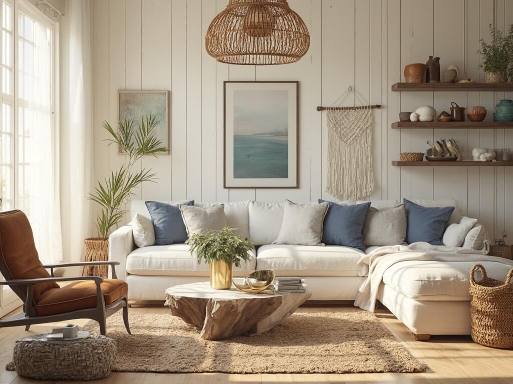 "Cozy coastal-themed living room bathed in golden hour light, featuring white shiplap walls, hardwood floors, white linen sofa with indigo pillows, cognac leather armchair, driftwood coffee table, natural fiber rugs, cowboy boot succulent planters, and vintage coastal decor."