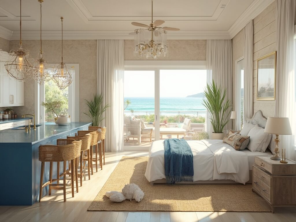 "Luxurious coastal-inspired bedroom and kitchen interior with white shaker cabinets, blue waterfall island, king-sized bed, Art Deco brass chandelier, and natural textures in 8K resolution."