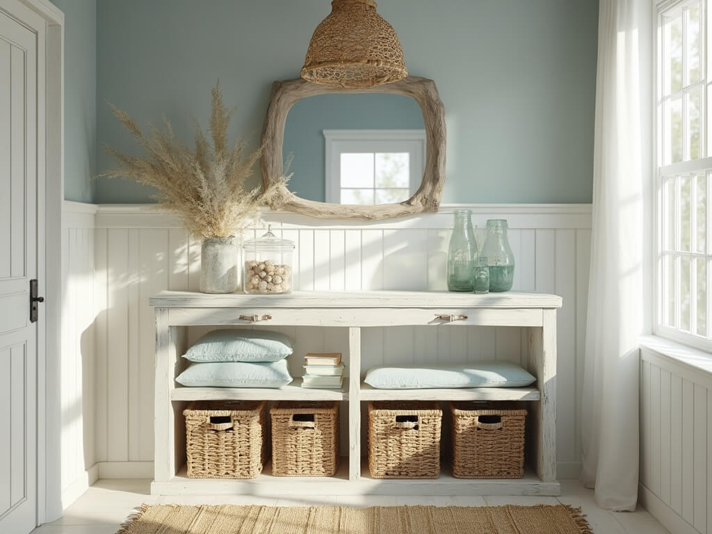 "Coastal entryway with natural textures featuring distressed white console table, seagrass storage baskets, driftwood mirror, rattan lamp, and built-in bench with blue cushions"