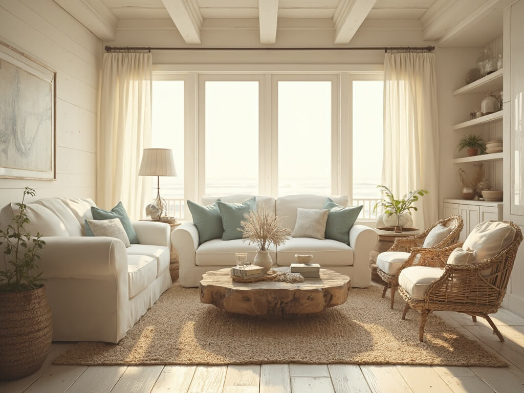 "Coastal living room bathed in golden hour sunlight, featuring plush sofa, rattan chairs, driftwood coffee table, jute and wool rugs, with minimalist coastal décor"