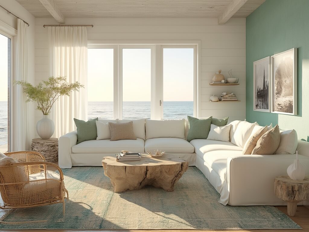 "Sophisticated coastal living room bathed in golden hour light with plush white sofa, rattan armchairs, driftwood coffee table, and sea-themed décor"