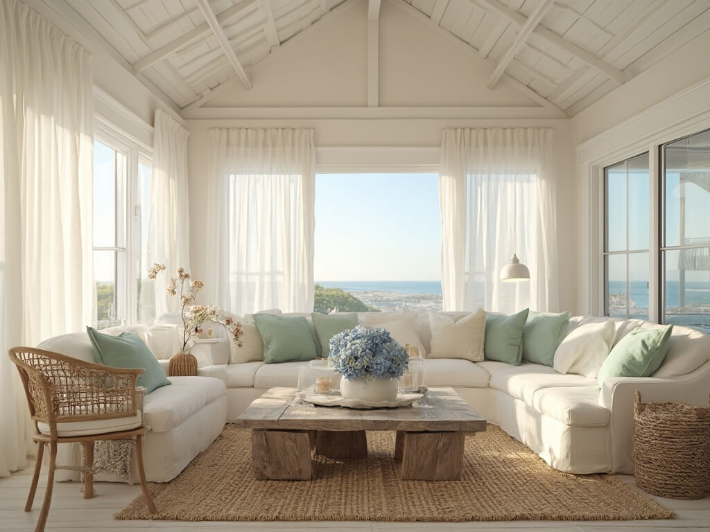 "Sunlit coastal living room with vaulted ceilings, floor-to-ceiling windows, large white sofa, rattan armchairs, and a driftwood coffee table set in a sophisticated beach house during golden hour."