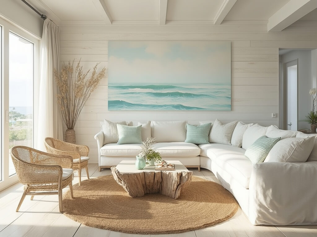 "Sunlit coastal living room with white decor, rattan chairs, and seascape artwork in a serene beachside retreat."