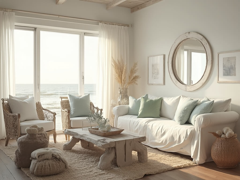 "Coastal living room with white sofa, seagrass armchairs, driftwood coffee table, and ocean view"