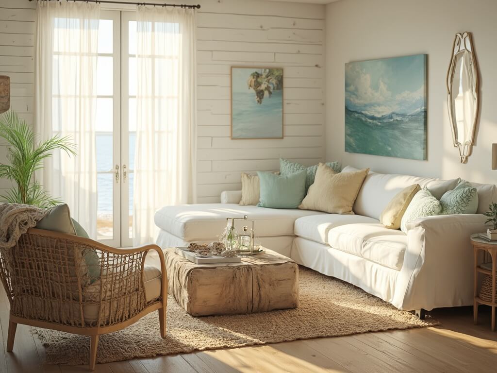 "Serene coastal living room with white sectional, rattan accent chair, driftwood coffee table, and coastal artwork on shiplap walls"