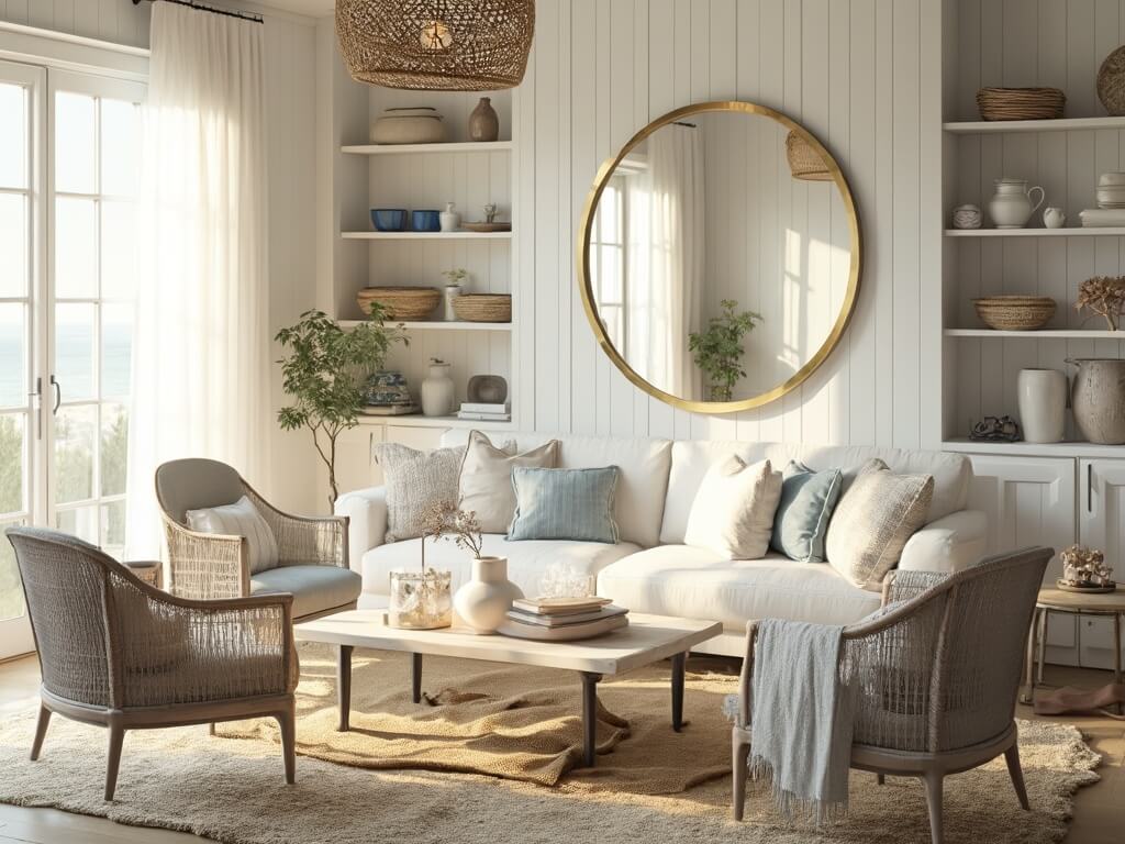 Sunlit coastal living room with ivory sofa, gray rattan chairs, bleached oak table and white shiplap walls decorated with coastal artifacts.