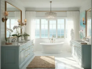 "Coastal bathroom with sea-glass blue walls, double vanity with marble countertop, brass sconces, and freestanding soaking tub"