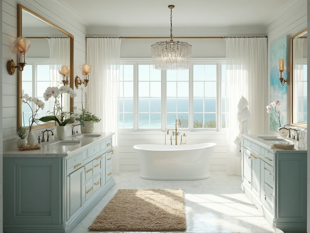 "Coastal bathroom with sea-glass blue walls, double vanity with marble countertop, brass sconces, and freestanding soaking tub"