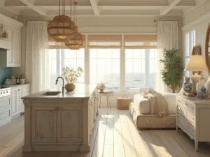 "Sunlit modern coastal kitchen and master bedroom with white oak features, nautical décor, and sandy beige accents"