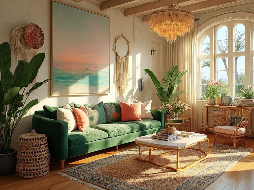 Coastal Maximalist Living Room: Create a Vibrant Beach-Inspired Space That Tells Your Story 2 "Sunlit coastal living room with green velvet sofa, vintage decor, Persian rugs, and sea-inspired gallery wall at golden hour"