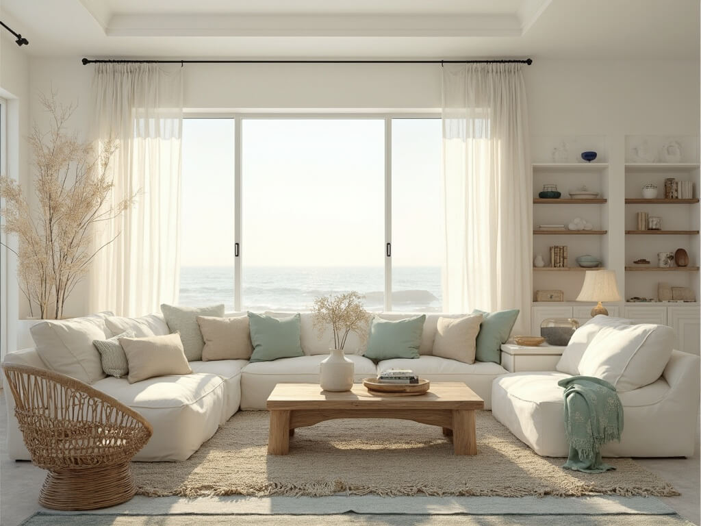 "Sunlit coastal living room with high ceilings, floor-to-ceiling windows, flax linen sofa, rattan chairs, and coastal accessories."
