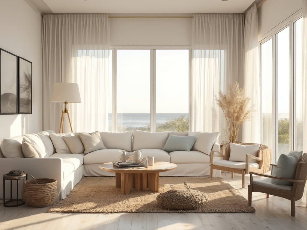 "Modern coastal living room with sun streaming through large windows, featuring ivory furniture, teak coffee table and warm sand tones and sea glass blues palette."