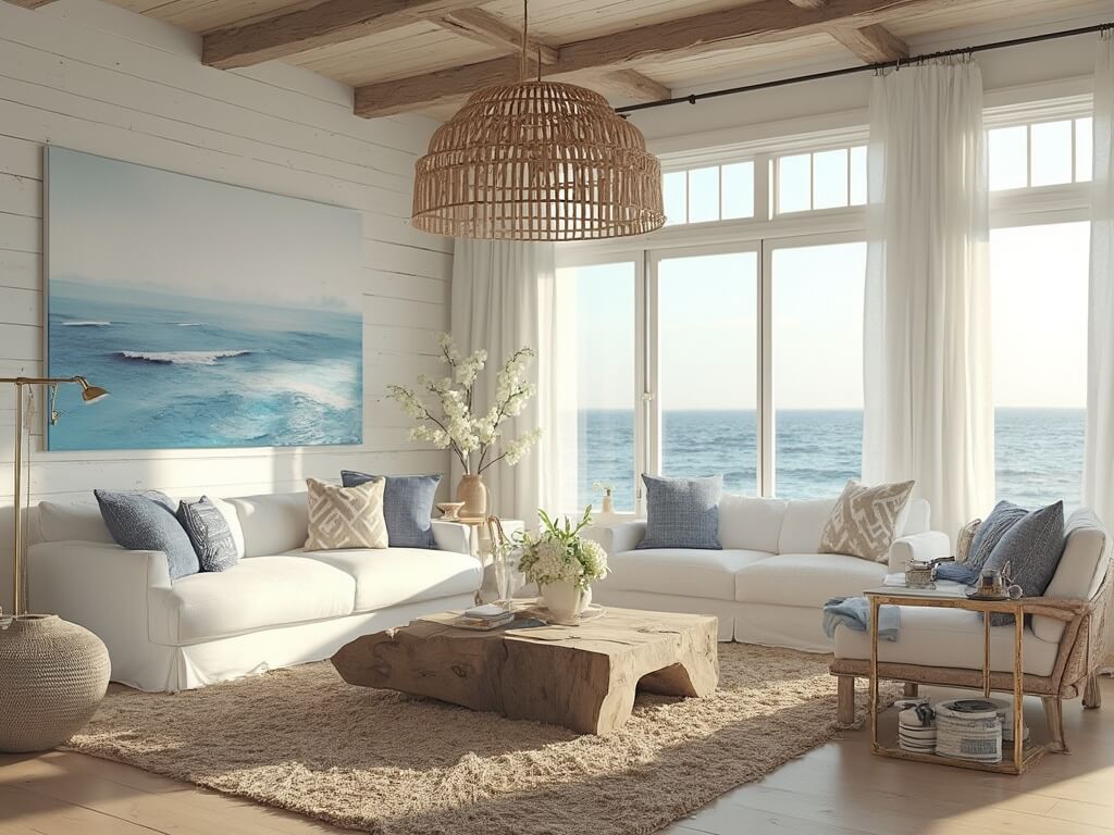 Coastal Interior Design: Transform Your Space into a Breezy Seaside Retreat 2 "Bright and airy coastal living room with white sectional sofa, driftwood coffee table, rattan pendant lights, and seascape artwork"