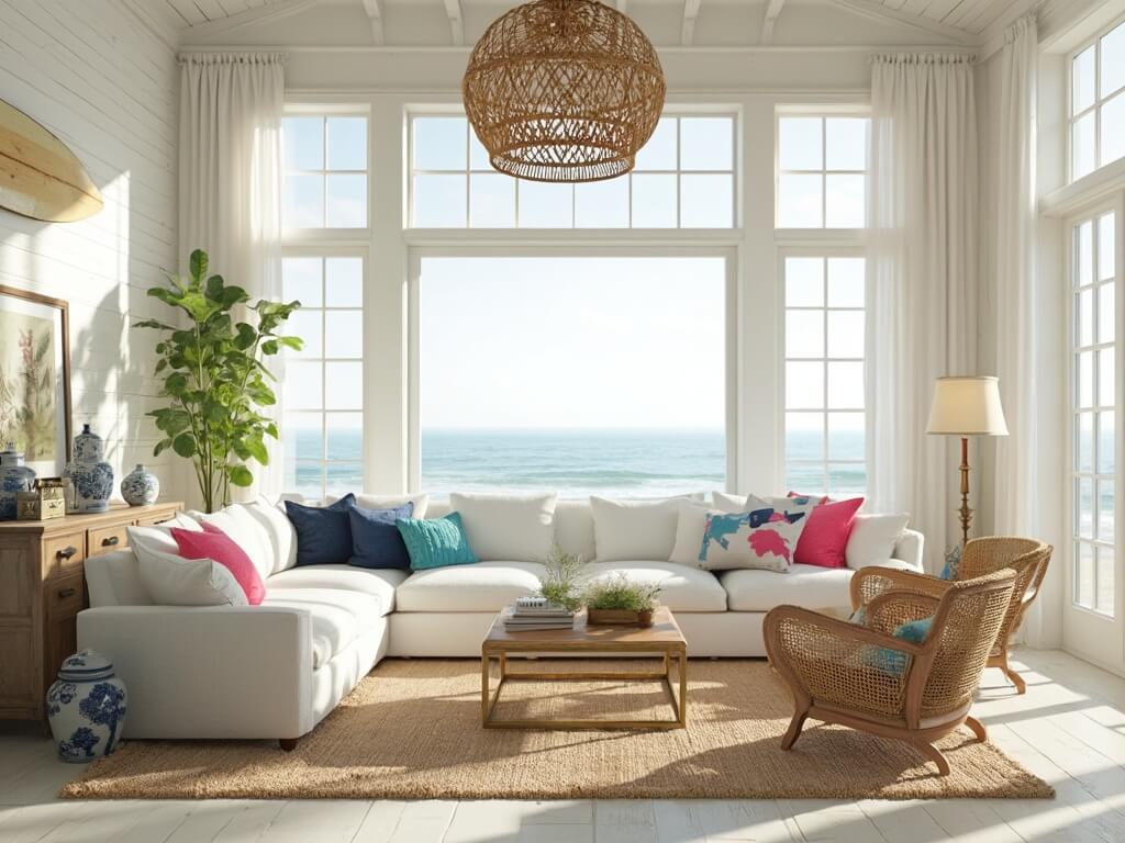 Bright and airy coastal preppy living room with ocean view, adorned with navy, hot pink and turquoise geometric pillows on a white linen sofa, vintage surfboard on the wall, rattan pendant lights, wicker armchairs, and a collection of blue and white ginger jars.
