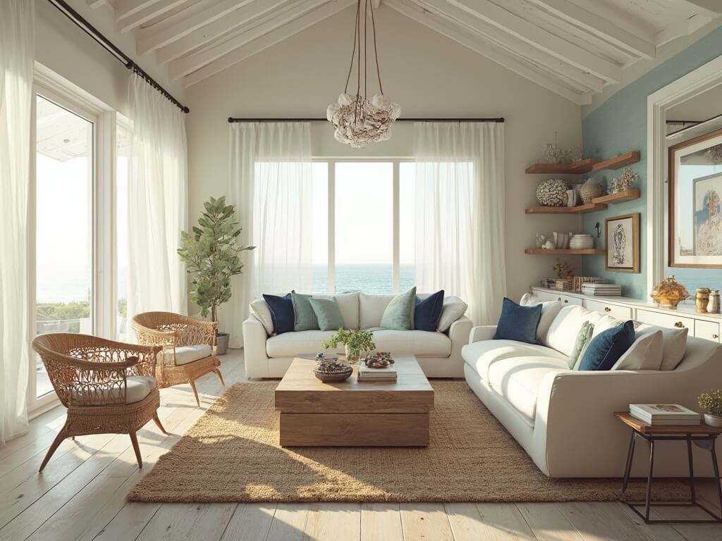 "Coastal living room with high-ceiling, floor-to-ceiling windows, plush sofa, rattan chairs, and ocean-inspired decor"