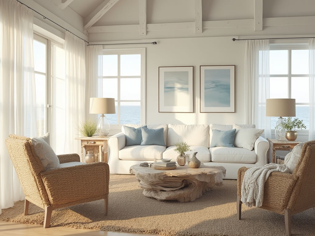 "Sun-drenched coastal living room with plush white slipcovered sofa, rattan chairs, driftwood coffee table, and beach-inspired accents"