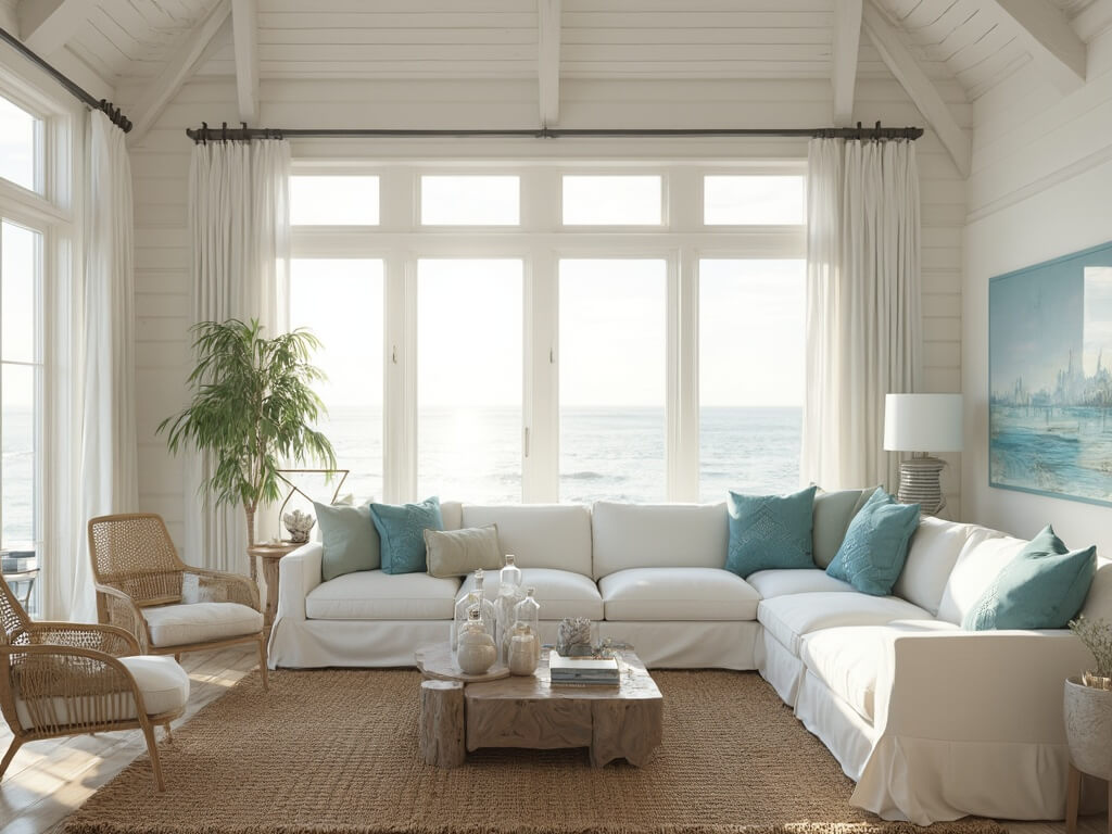 "Bright and airy coastal living room with high ceilings, large windows, white furniture, and beach-themed decorations during golden hour"
