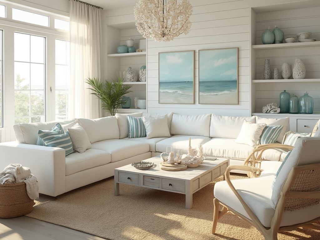 "Sunny coastal living room with white linen sectional sofa, rattish chairs, driftwood coffee table, sea-themed decor, and floor-to-ceiling windows during golden hour"