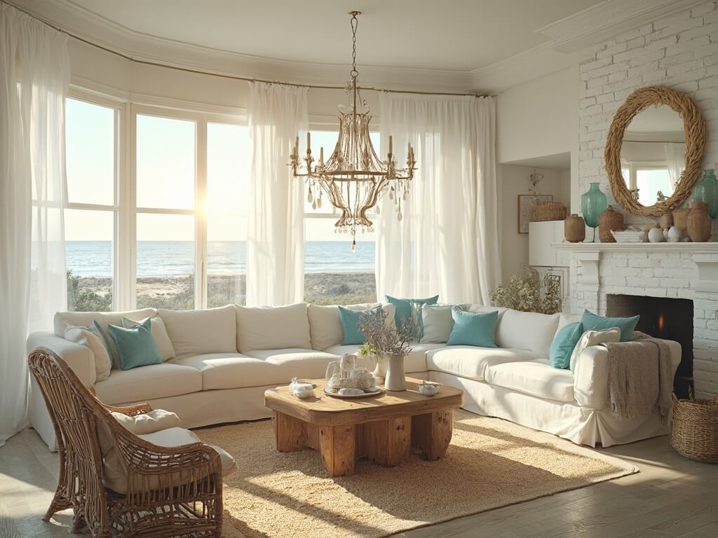"Sunlit coastal living room with white sofa, rattan chairs, driftwood table, and ocean-inspired decor"