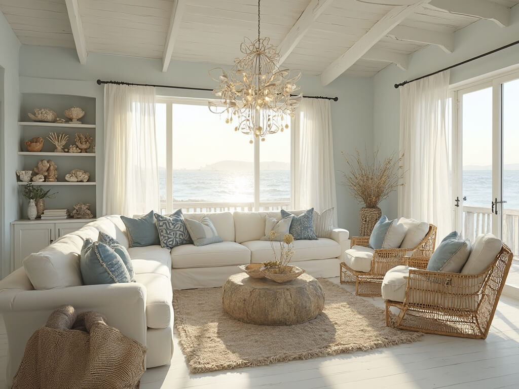 "Sunlit coastal living room with whitewashed oak floors, cream sofa, rattan armchairs, and driftwood coffee table, decorated with sea glass and shells"