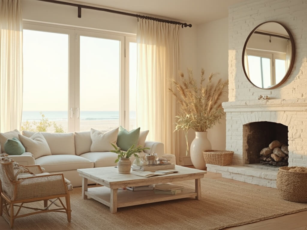 "Coastal living room with white sectional, rattan chairs, and natural decor during golden hour"