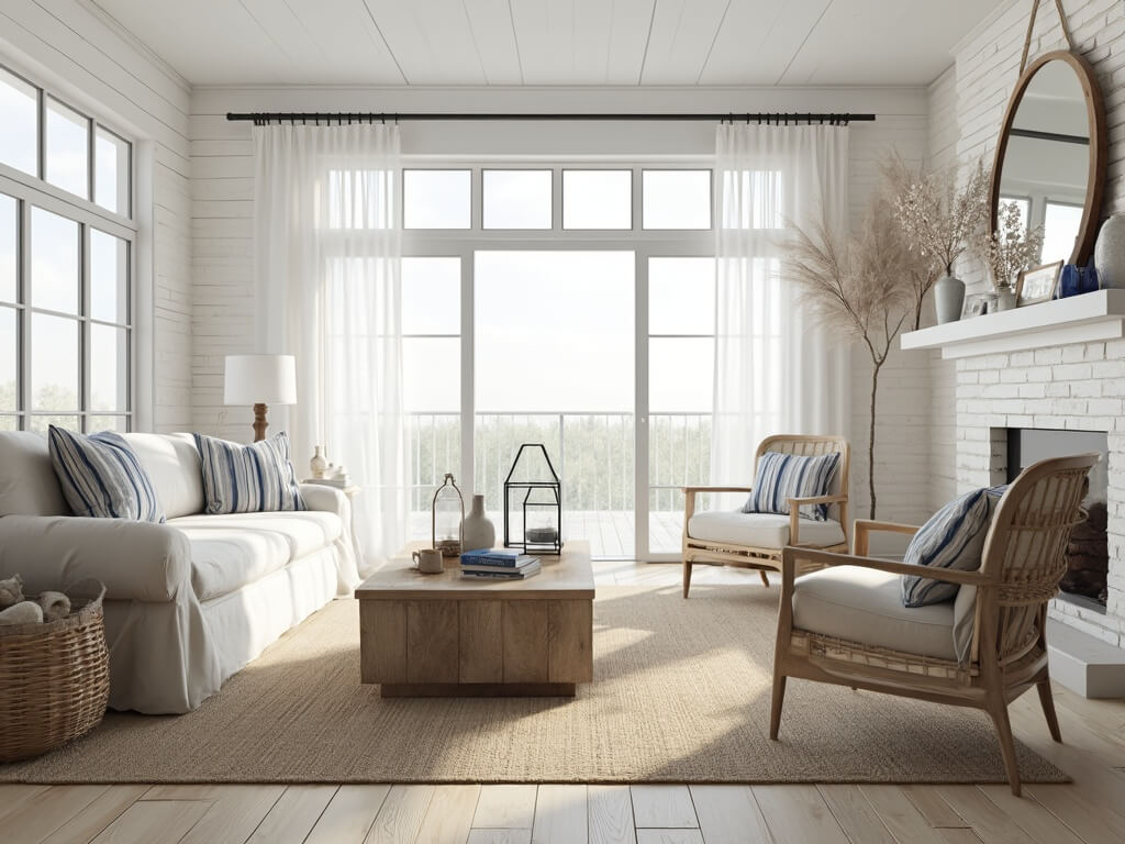 Bright coastal living room with natural light, shiplap walls, plush sofa, rattan armchairs, and a brick fireplace.